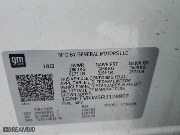 2024 Chevrolet Traverse Limited LT Cloth with VIN 1GNETVKW5RJ128907, listed as a Copart auction lot 47834455 with 27,449 mi miles and Salvage Title. Bid and sale history available at carsss.com. Image 14.