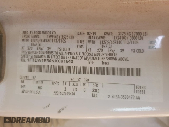 2019 Ford F-150 XL with VIN 1FTEW1E50KKC91640, listed as a Copart auction lot 54020375 with 139,655 mi miles and Clean Title. Bid and sale history available at DreamBid. Image 12.