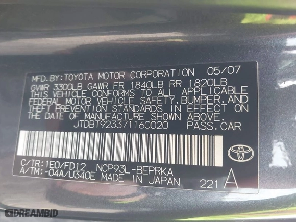 2007 Toyota Yaris with VIN JTDBT923371160020, listed as a IAAI auction lot 42044418 with 169,707 mi miles. Bid and sale history available at carsss.com. Image 9.