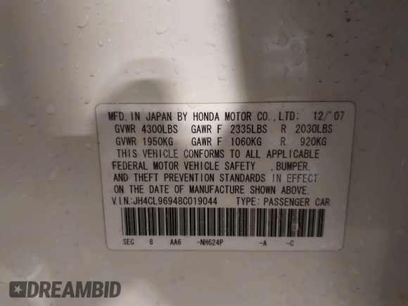 2008 Acura TSX Nav with VIN JH4CL96948C019044, listed as a IAAI auction lot 42407717 with 78,815 mi miles and . Bid and sale history available at DreamBid. Image 9.