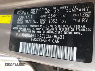 2012 Hyundai Accent SE with VIN KMHCU5AE1CU006231, listed as a IAAI auction lot 42263193 with 104,845 mi miles and . Bid and sale history available at DreamBid. Image 9.