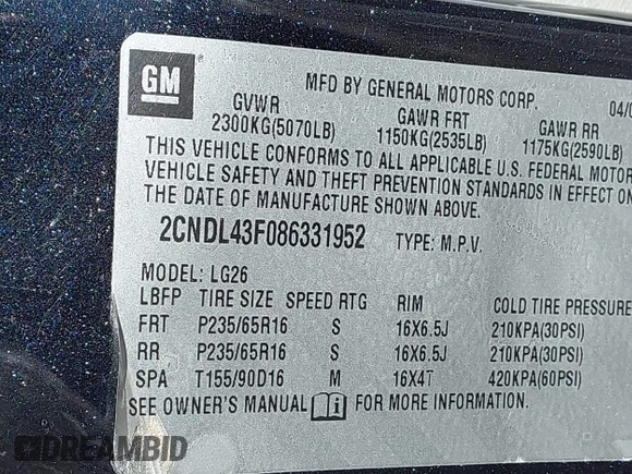 2008 Chevrolet Equinox LT with VIN 2CNDL43F086331952, listed as a IAAI auction lot 41943776 with 16,954 mi miles. Bid and sale history available at carsss.com. Image 9.