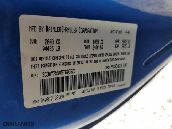 2005 Chrysler PT Cruiser GT with VIN 3C3AY75S05T605621, listed as a Copart auction lot 51483415 with 74,678 mi miles and Salvage Title. Bid and sale history available at carsss.com. Image 14.
