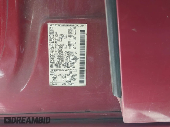 2008 Nissan Frontier SE with VIN 1N6AD09U58C422111, listed as a IAAI auction lot 41423739 with 186,417 mi miles and . Bid and sale history available at DreamBid. Image 9.