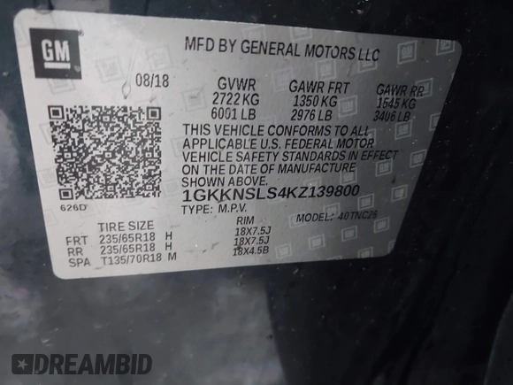 2019 GMC Acadia SLE with VIN 1GKKNSLS4KZ139800, listed as a IAAI auction lot 41459270 with 85,451 mi miles and . Bid and sale history available at DreamBid. Image 9.