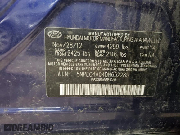 2013 Hyundai Sonata Limited with VIN 5NPEC4AC4DH652285, listed as a Copart auction lot 42961765 with 176,434 mi miles and Salvage Title. Bid and sale history available at DreamBid. Image 13.