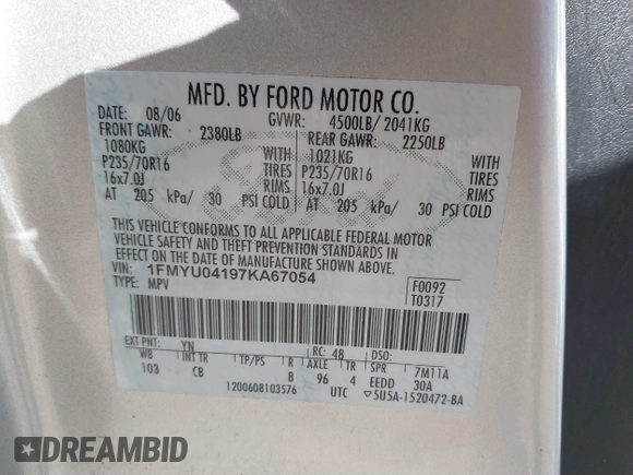 2007 Ford Escape Limited with VIN 1FMYU04197KA67054, listed as a IAAI auction lot 41665928 with 196,706 mi miles and . Bid and sale history available at DreamBid. Image 9.