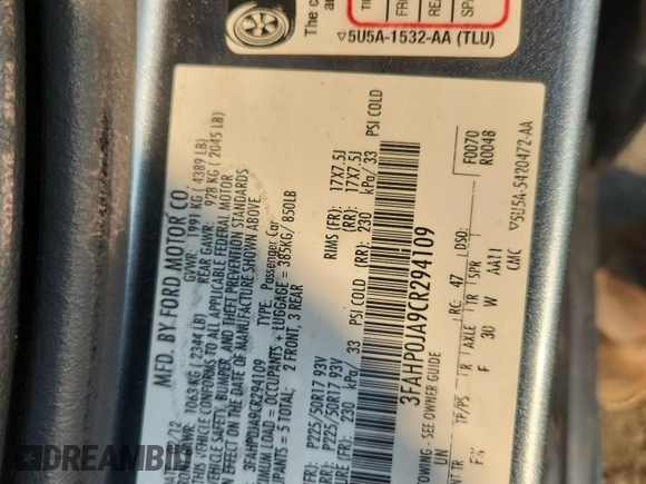 2012 Ford Fusion SEL with VIN 3FAHP0JA9CR294109, listed as a Copart auction lot 62759085 with 170,044 mi miles and Salvage title. Bid and sale history available at DreamBid. Image 12.