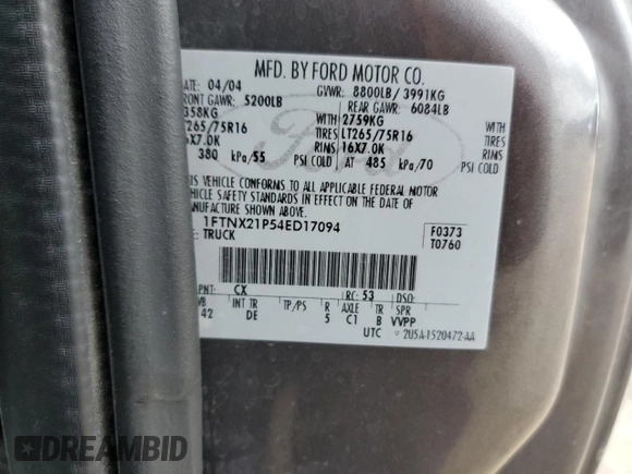 2004 Ford F-250 XL z VIN 1FTNX21P54ED17094, wystawiony jako Copart lot #55435195 z przebiegiem 172 934 mil mil oraz Szkoda całkowita • Salvage title. Historia ofert i sprzedaży dostępna na DreamBid. Obrazek 12.
