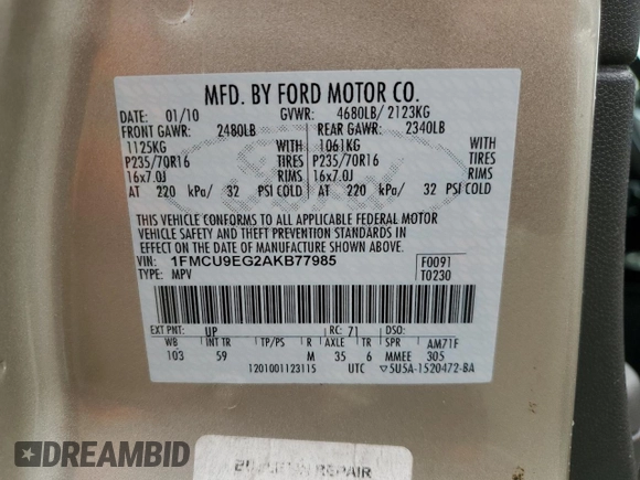 2010 Ford Escape Limited z VIN 1FMCU9EG2AKB77985, wystawiony jako Copart lot #56747655 z przebiegiem 88 362 mil mil oraz Szkoda całkowita • Salvage title. Historia ofert i sprzedaży dostępna na DreamBid. Obrazek 12.