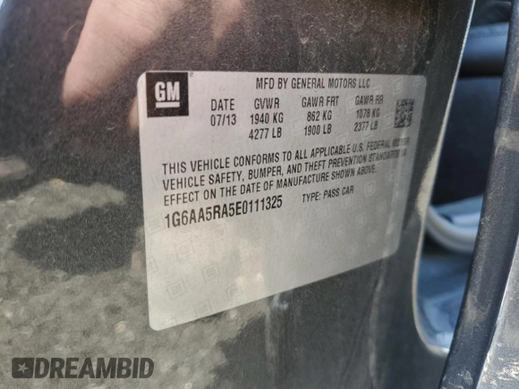2014 Cadillac ATS Standard RWD with VIN 1G6AA5RA5E0111325, listed as a Copart auction lot 62237945 with 55,205 mi miles and Salvage title. Bid and sale history available at DreamBid. Image 12.