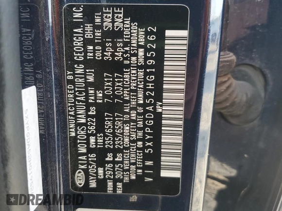 2017 Kia Sorento LX с VIN 5XYPGDA52HG195262, выставлен на аукционе Copart как лот 65329164 с пробегом 92 231 миль миль и Списание • Salvage title. История ставок и продаж доступна на DreamBid. Изображение 13.