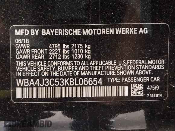 2019 BMW 4 Series 430i xDrive with VIN WBA4J3C53KBL06654, listed as a IAAI auction lot 42094079 with 65,560 mi miles and . Bid and sale history available at DreamBid. Image 9.