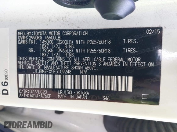 2015 Lexus GX 460 with VIN JTJBM7FX5F5109248, listed as a IAAI auction lot 41968396 with 93,318 mi miles and . Bid and sale history available at carsss.com. Image 9.