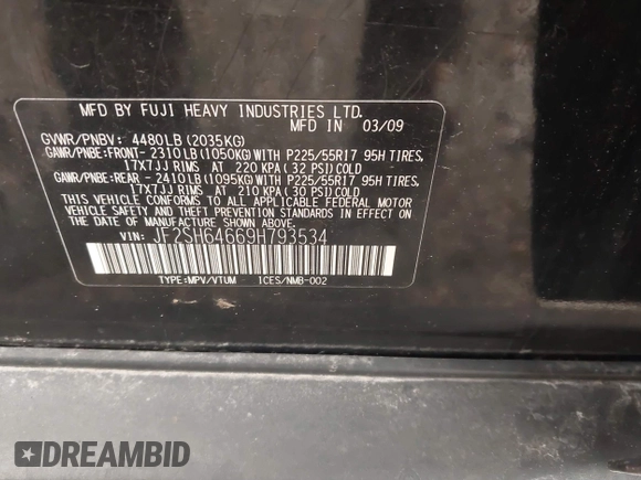 2009 Subaru Forester X Limited with VIN JF2SH64669H793534, listed as a IAAI auction lot 42335464 with 160,397 mi miles and . Bid and sale history available at DreamBid. Image 9.