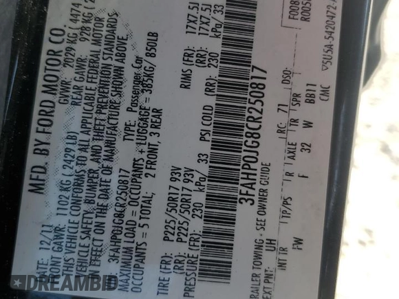 2012 Ford Fusion SEL with VIN 3FAHP0JG8CR250817, listed as a Copart auction lot 59789865 with 139,731 mi miles and Salvage title. Bid and sale history available at DreamBid. Image 12.