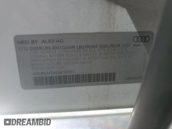 2014 Audi A8 4.0T with VIN WAUR2AFDXEN010107, listed as a Copart auction lot 62056544 with 85,450 mi miles and Non repairable. Bid and sale history available at DreamBid. Image 12.