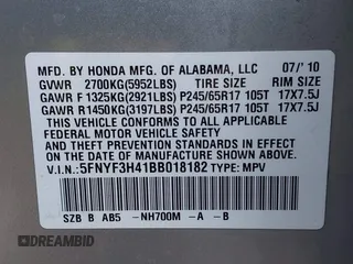 2011 Honda Pilot EX with VIN 5FNYF3H41BB018182, listed as a IAAI auction lot 42000601 with 152,912 mi miles and . Bid and sale history available at carsss.com. Image 9.