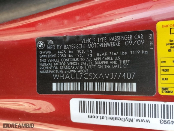 2010 BMW 1 Series 128i with VIN WBAUL7C5XAVJ77407, listed as a Copart auction lot 75903634 with 127,619 mi miles and Salvage Title. Bid and sale history available at carsss.com. Image 12.