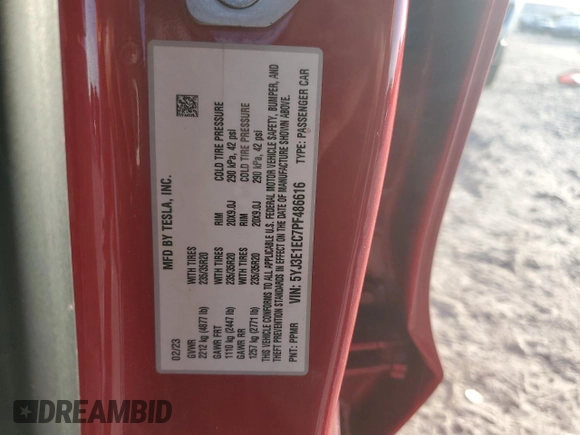 2023 Tesla Model 3 Performance with VIN 5YJ3E1EC7PF486616, listed as a Copart auction lot 82368074 with 32,724 mi miles and Salvage Title. Bid and sale history available at carsss.com. Image 15.