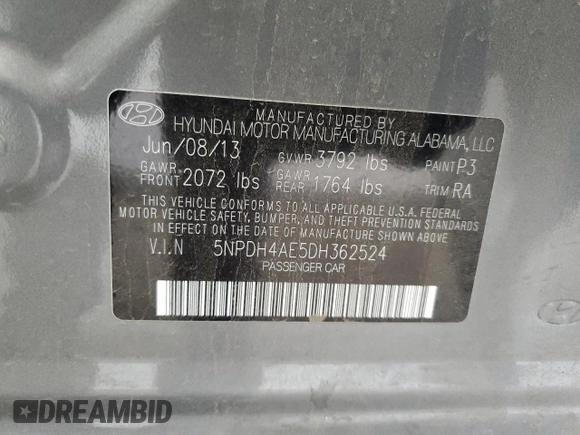 2013 Hyundai Elantra GLS z VIN 5NPDH4AE5DH362524, wystawiony jako Copart lot #52361585 z przebiegiem 124 909 mil mil oraz Szkoda całkowita • Salvage title. Historia ofert i sprzedaży dostępna na DreamBid. Obrazek 14.