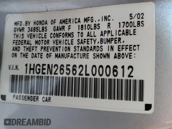 2002 Honda Civic z VIN 1HGEN26562L000612, wystawiony jako Copart lot #77596944 z przebiegiem 95 426 mil mil oraz Szkoda całkowita • Salvage title. Historia ofert i sprzedaży dostępna na DreamBid. Obrazek 14.