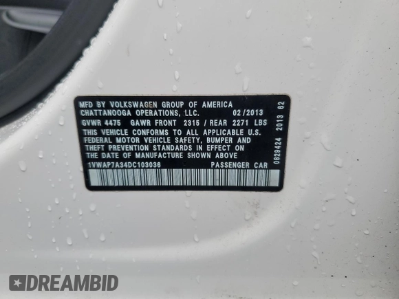 2013 Volkswagen Passat S with VIN 1VWAP7A34DC103036, listed as a Copart auction lot 52183745 with 130,966 mi miles and Salvage title. Bid and sale history available at DreamBid. Image 12.