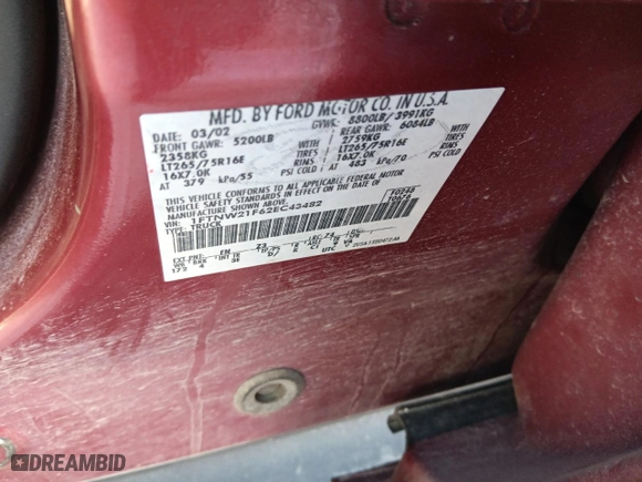 2002 Ford Super Duty F-250 XL with VIN 1FTNW21F62EC43482, listed as a Copart auction lot 48229395 with 219,458 mi miles and Salvage Title. Bid and sale history available at carsss.com. Image 12.