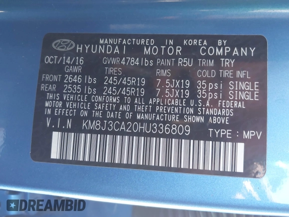 2017 Hyundai Tucson Sport with VIN KM8J3CA20HU336809, listed as a IAAI auction lot 41800913 with 112,948 mi miles and . Bid and sale history available at DreamBid. Image 9.