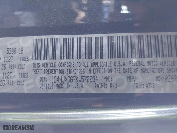 2019 Jeep Wrangler Unlimited Sport S with VIN 1C4HJXDG7KW572294, listed as a IAAI auction lot 41607986 with 61,734 mi miles. Bid and sale history available at carsss.com. Image 9.