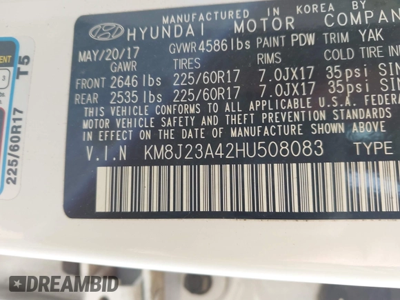 2017 Hyundai Tucson SE with VIN KM8J23A42HU508083, listed as a IAAI auction lot 41924093 with 94,366 mi miles and . Bid and sale history available at DreamBid. Image 9.