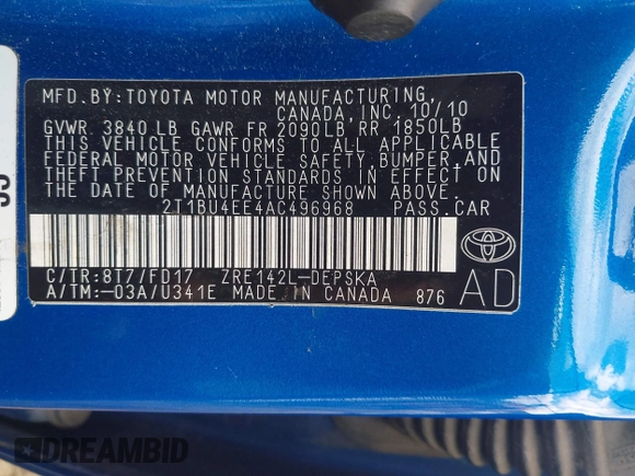 2010 Toyota Corolla with VIN 2T1BU4EE4AC496968, listed as a IAAI auction lot 42352874 with 141,042 mi miles and . Bid and sale history available at DreamBid. Image 9.