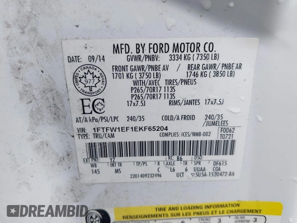 2014 Ford F-150 XL with VIN 1FTFW1EF1EKF65204, listed as a IAAI auction lot 41669195 with 84,882 mi miles. Bid and sale history available at carsss.com. Image 9.