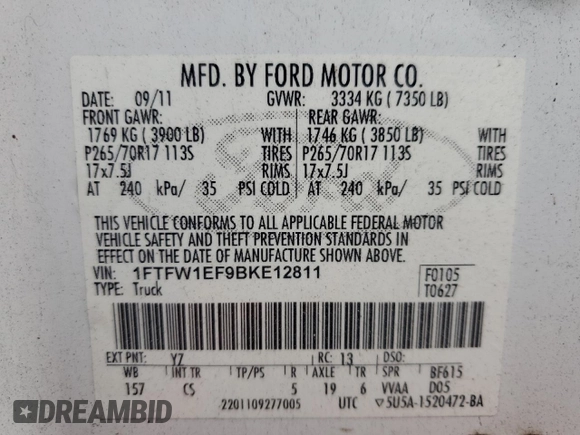 2011 Ford F-150 XL with VIN 1FTFW1EF9BKE12811, listed as a Copart auction lot 50792495 with 148,616 mi miles and Clean Title. Bid and sale history available at DreamBid. Image 12.