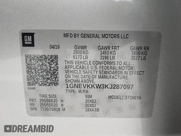 2019 Chevrolet Traverse Premier with VIN 1GNEVKKW3KJ287097, listed as a IAAI auction lot 42497740 with 72,836 mi miles and . Bid and sale history available at DreamBid. Image 9.