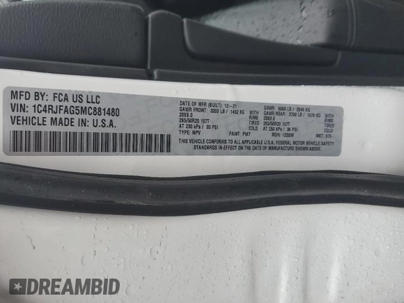 2021 Jeep Grand Cherokee Laredo E with VIN 1C4RJFAG5MC881480, listed as a Copart auction lot 56189395 with 40,263 mi miles and Salvage title. Bid and sale history available at DreamBid. Image 13.