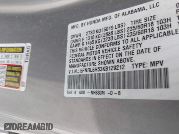 2019 Honda Odyssey EX with VIN 5FNRL6H53KB129212, listed as a IAAI auction lot 42474440 with 142,431 mi miles and . Bid and sale history available at DreamBid. Image 9.