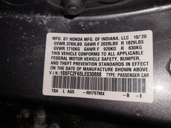 2020 Honda Civic LX z VIN 19XFC2F65LE030888, wystawiony jako IAAI lot #41609630 z przebiegiem 115 614 mil mil oraz . Historia ofert i sprzedaży dostępna na DreamBid. Obrazek 9.