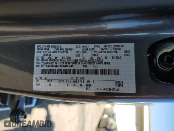 2024 Ford F-350 XL with VIN 1FT8W3BM3REC06545, listed as a Copart auction lot 42999075 with 9,336 mi miles and Salvage Title. Bid and sale history available at DreamBid. Image 13.
