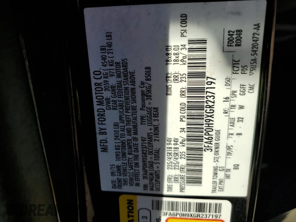 2016 Ford Fusion SE с VIN 3FA6P0H9XGR237197, выставлен на аукционе Copart как лот 48216694 с пробегом Не указан миль и Списание • Salvage title. История ставок и продаж доступна на DreamBid. Изображение 13.