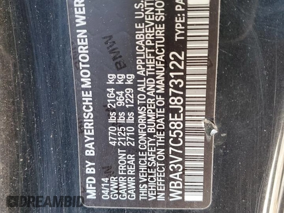 2014 BMW 4 Series 428i with VIN WBA3V7C58EJ873122, listed as a Copart auction lot 43288005 with 129,038 mi miles and Clean title. Bid and sale history available at DreamBid. Image 12.