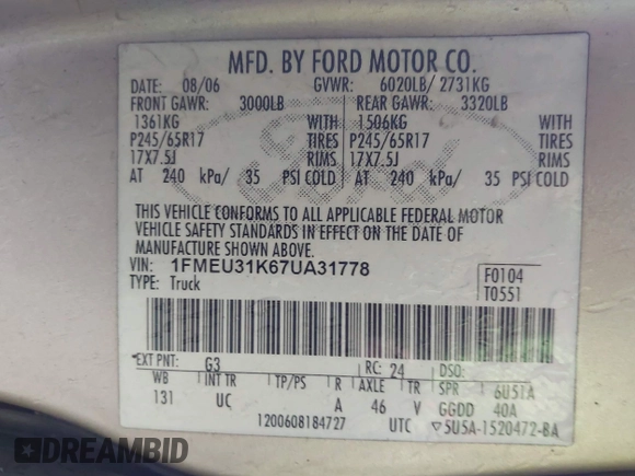 2007 Ford Explorer Sport Trac XLT with VIN 1FMEU31K67UA31778, listed as a IAAI auction lot 42804715 with 259,093 mi miles and . Bid and sale history available at DreamBid. Image 9.