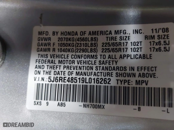 2009 Honda CR-V EX with VIN 5J6RE48519L016262, listed as a IAAI auction lot 41972922 with 295,727 mi miles. Bid and sale history available at carsss.com. Image 9.