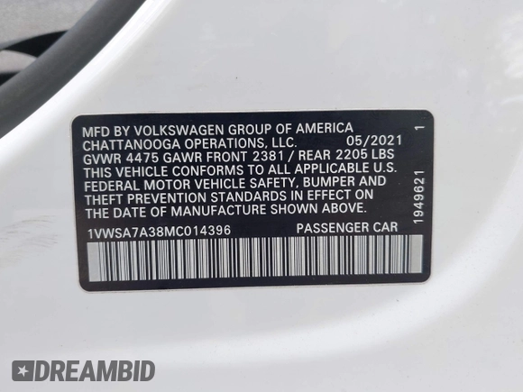 2021 Volkswagen Passat SE with VIN 1VWSA7A38MC014396, listed as a IAAI auction lot 42201818 with 62,193 mi miles and . Bid and sale history available at DreamBid. Image 9.