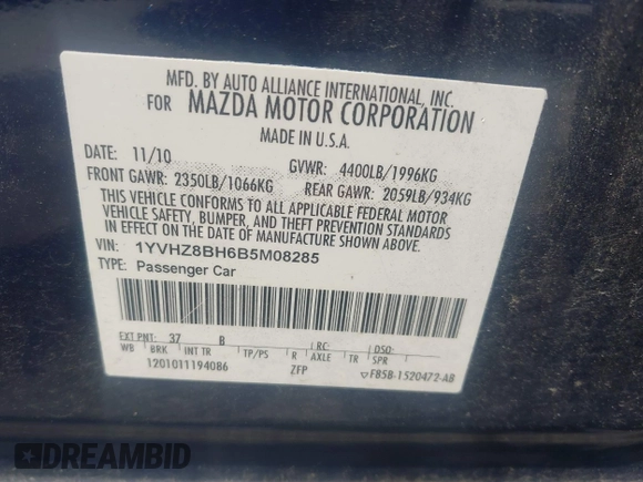 2011 Mazda 6 i Sport with VIN 1YVHZ8BH6B5M08285, listed as a IAAI auction lot 42370589 with 141,100 mi miles and . Bid and sale history available at DreamBid. Image 9.