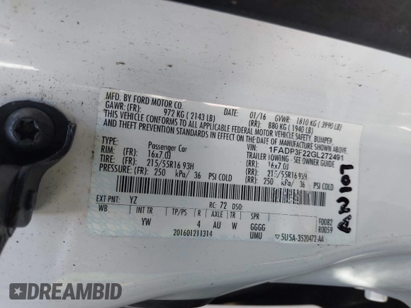 2016 Ford Focus SE with VIN 1FADP3F22GL272491, listed as a IAAI auction lot 42042160 with 140,355 mi miles. Bid and sale history available at carsss.com. Image 9.