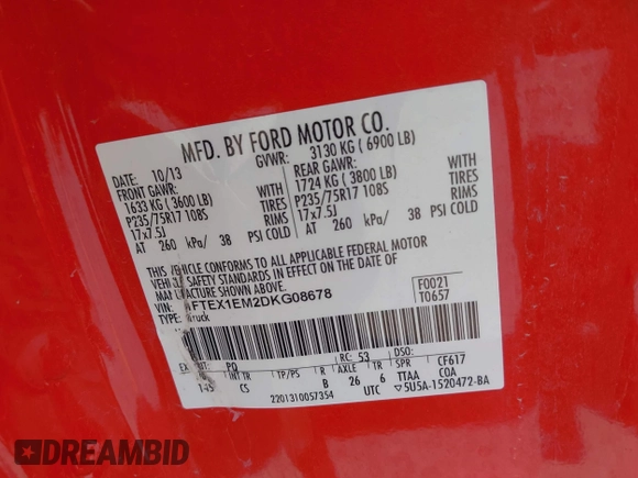 2013 Ford F-150 XL с VIN 1FTEX1EM2DKG08678, выставлен на аукционе IAAI как лот 42420749 с пробегом 108 453 миль миль и . История ставок и продаж доступна на DreamBid. Изображение 9.