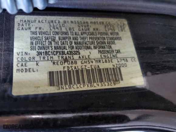 2011 Nissan Versa 1.8 S with VIN 3N1BC1CPXBL435325, listed as a Copart auction lot 46518295 with 140,537 mi miles and Salvage Title. Bid and sale history available at carsss.com. Image 12.