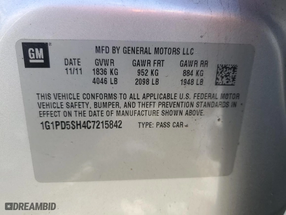2012 Chevrolet Cruze LS with VIN 1G1PD5SH4C7215842, listed as a Copart auction lot 47656375 with 122,981 mi miles and Salvage Title. Bid and sale history available at carsss.com. Image 14.