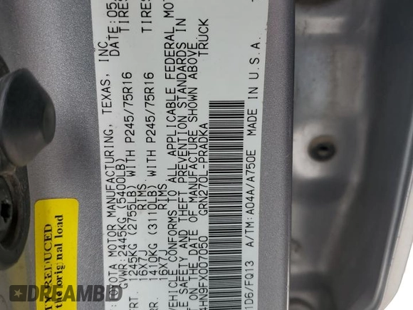 2015 Toyota Tacoma PreRunner с VIN 5TFKU4HN9FX007050, выставлен на аукционе Copart как лот 76483094 с пробегом Не указан миль и Списание • Salvage title. История ставок и продаж доступна на DreamBid. Изображение 13.